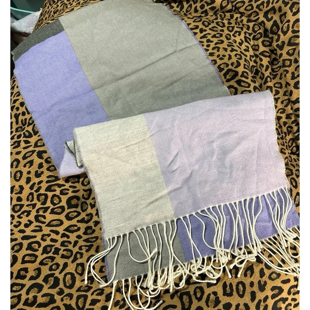 Lands End Lavender & Gray Plaid Colorblock Luxuriously Soft Fringe‎ Scarf, 70x15